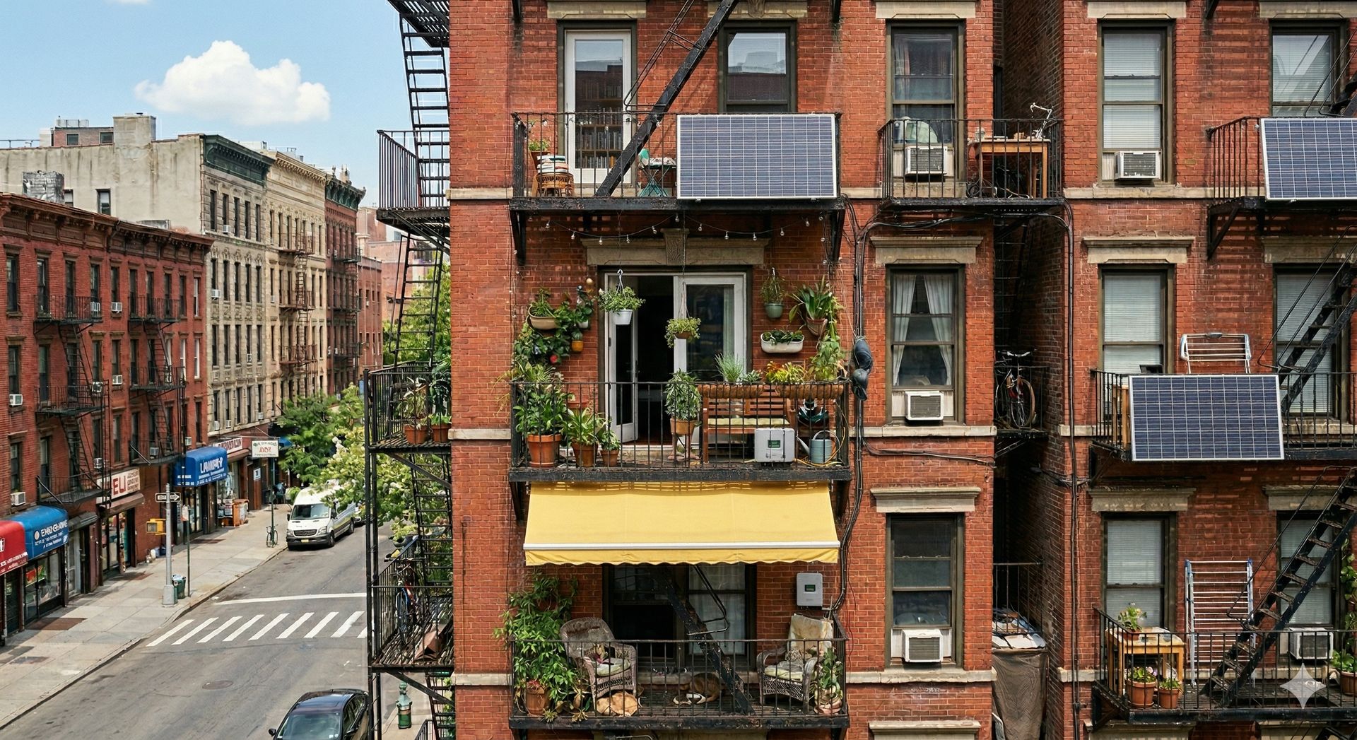 Solar panels clamped to the fire-escape balconies of a Brooklyn walk-up